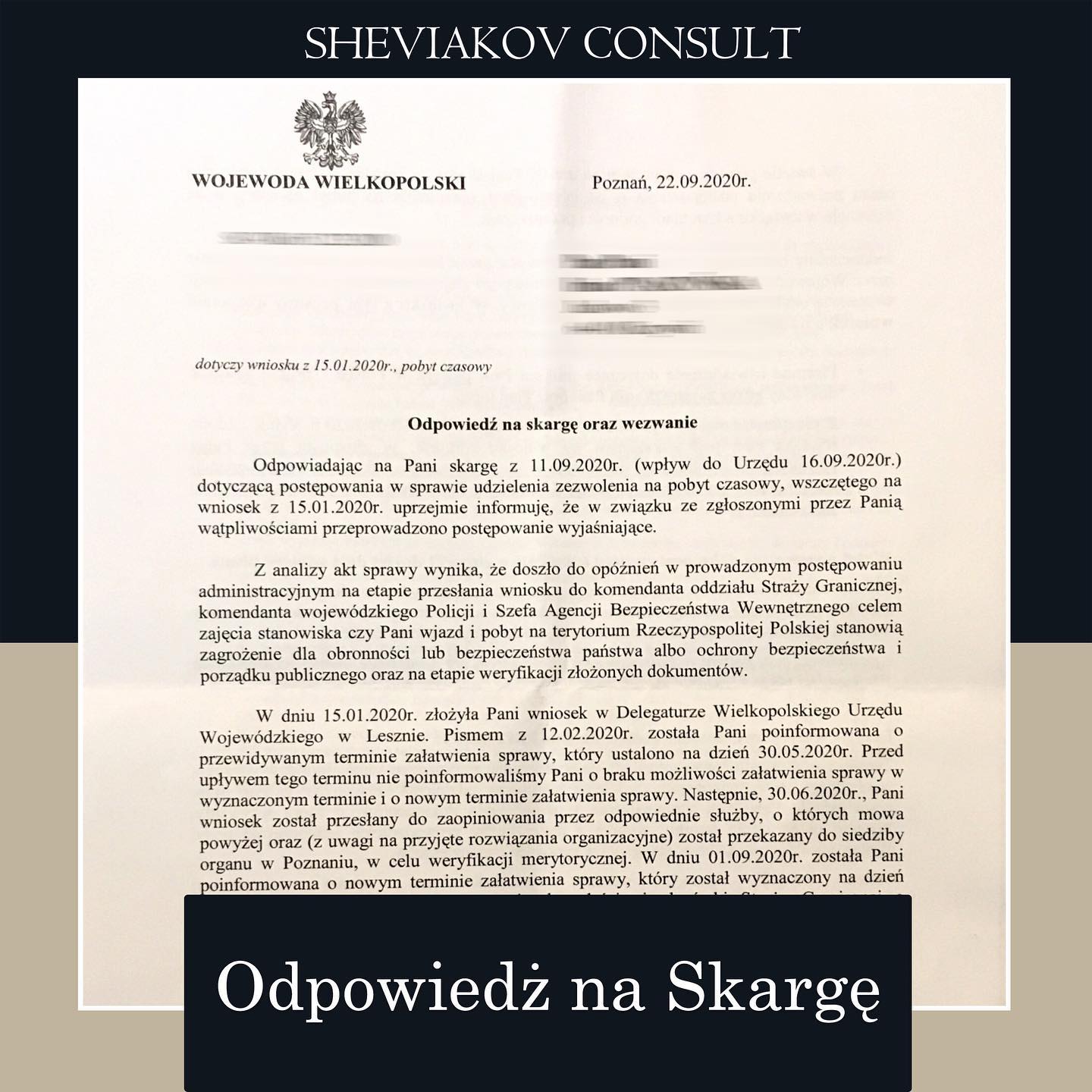 08.09.2020 к Нам обратился гражданин Польши в связи с бездеи?ствием Wojewody Wielkopolskiego (Poznan?) по...